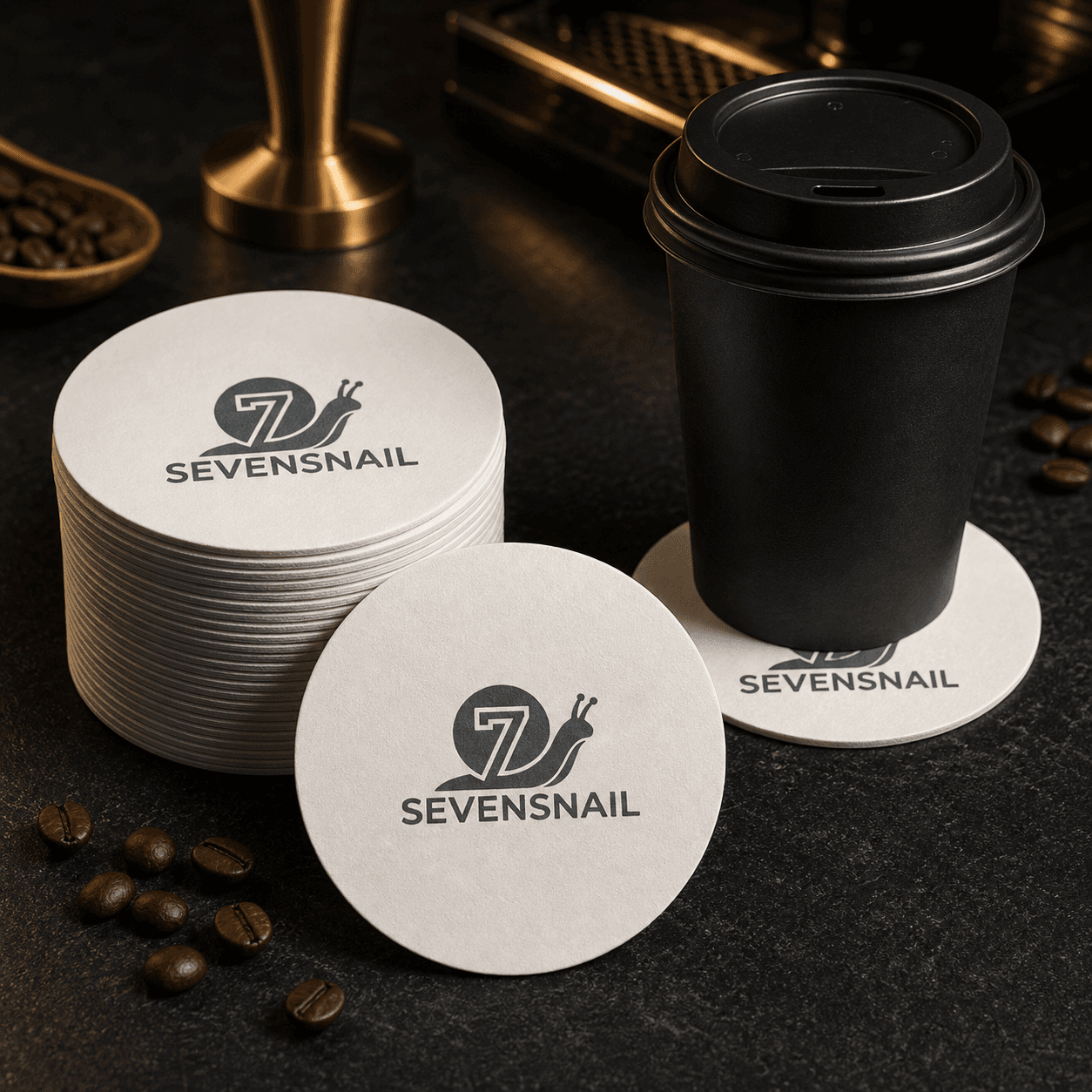 Cafe counter with custom Sevensnail coasters