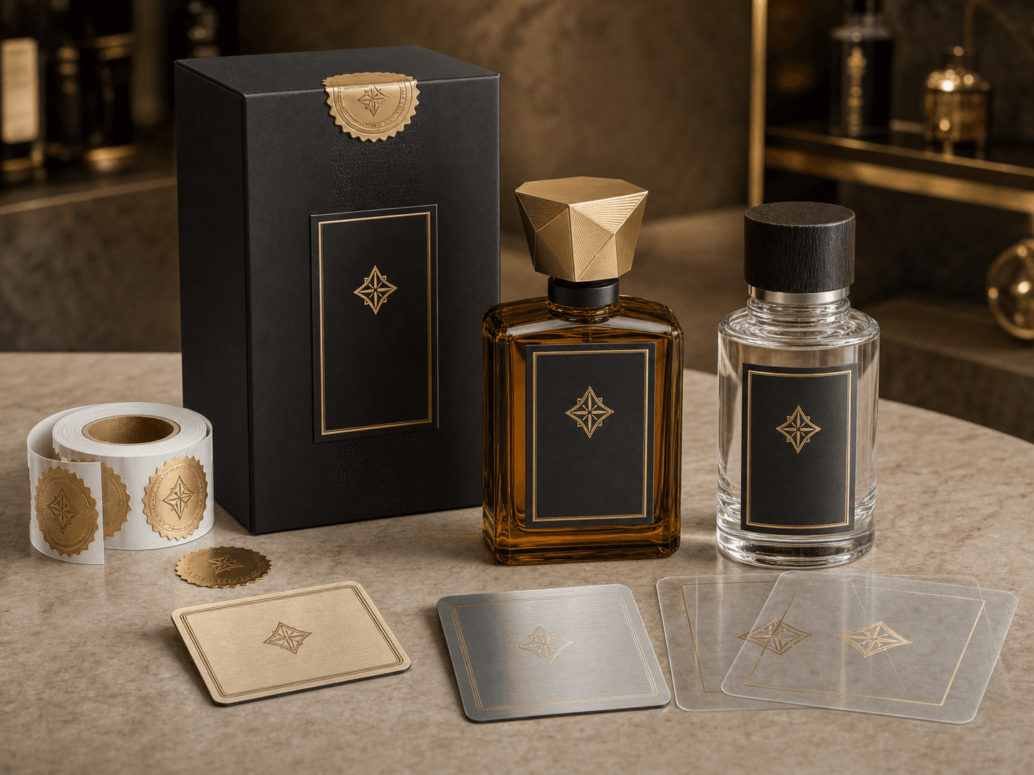 Perfume and oud packaging label suite