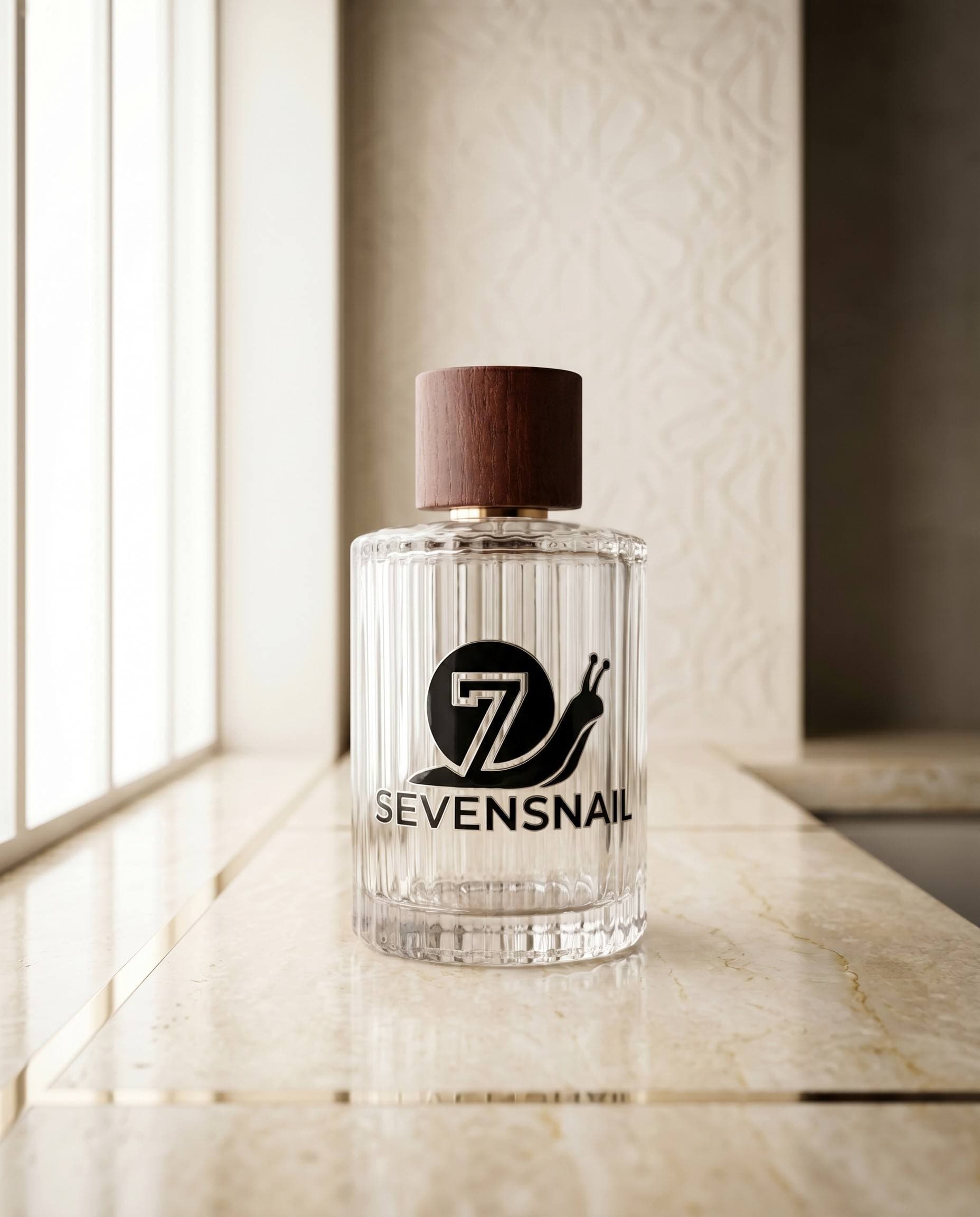 Finished Sevensnail transfer label on a glass bottle